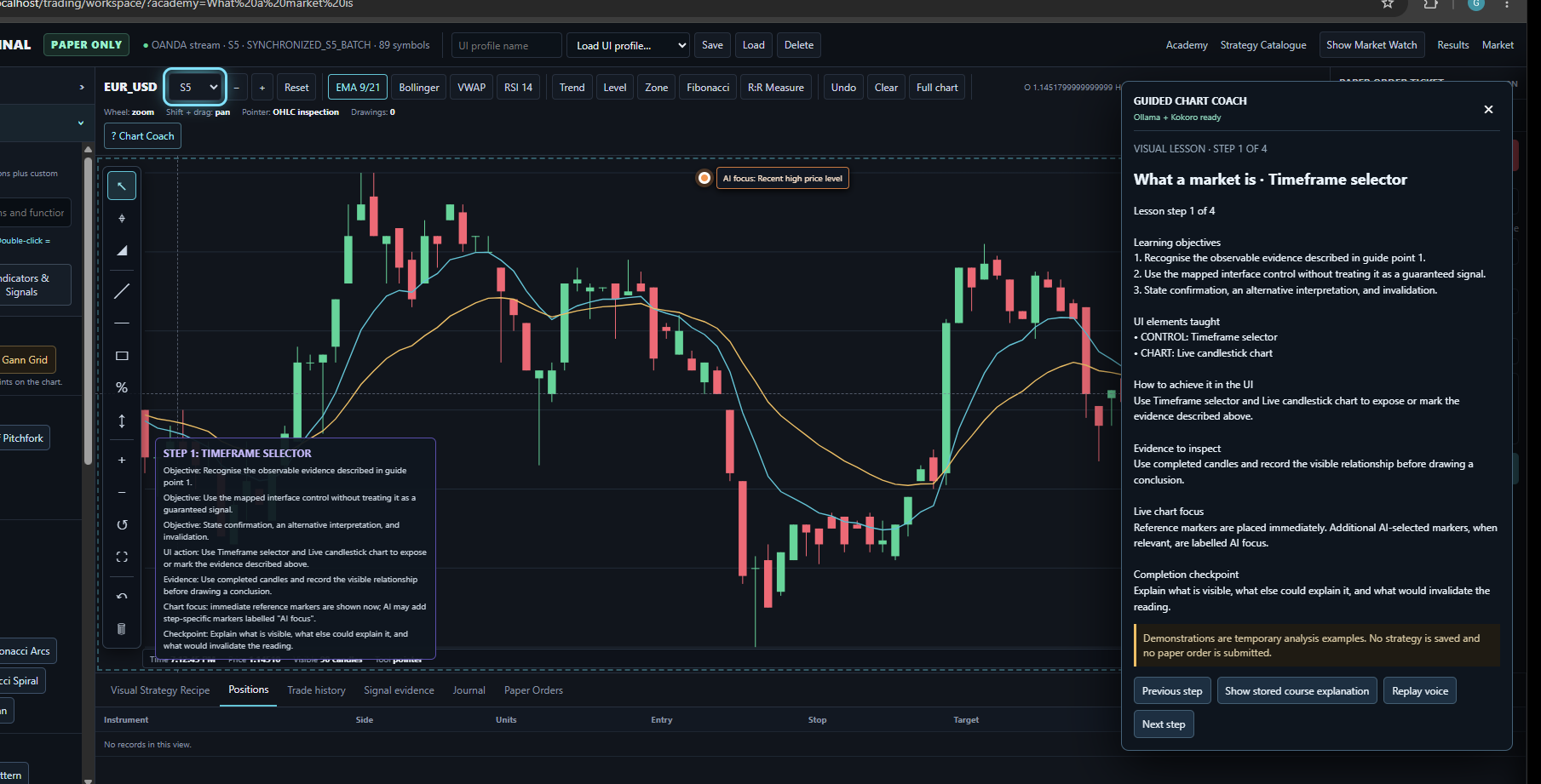 Signal Veritas Trader terminal with professional chart tools, strategy composer, order ticket and paper execution evidence